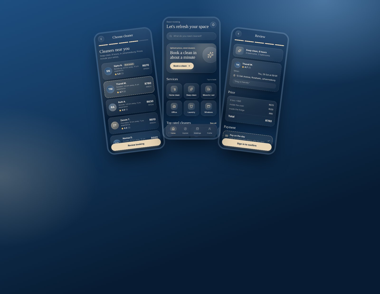 Spruce app screens: home, choosing a cleaner, and booking review